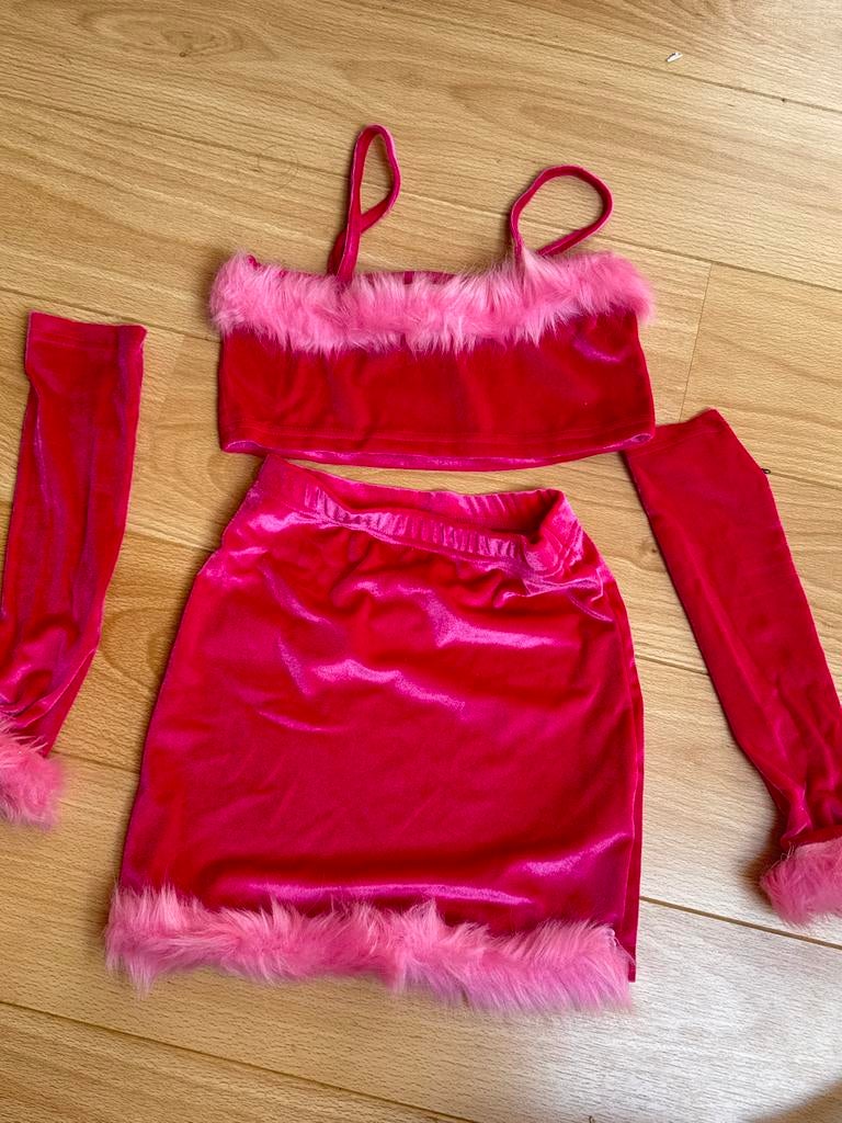 Roze fluwelen kerstoutfit met bont - Maat 9 jaar, Ophalen of Verzenden, Zo goed als nieuw, Meisje