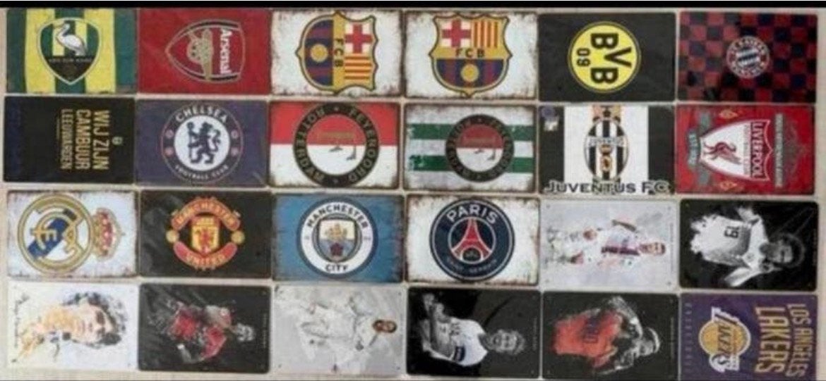 Metalen wandbord voetbalclubs 20x30 cm. Prijs =p\st. (3=€21), Ophalen of Verzenden, Zo goed als nieuw, Reclamebord