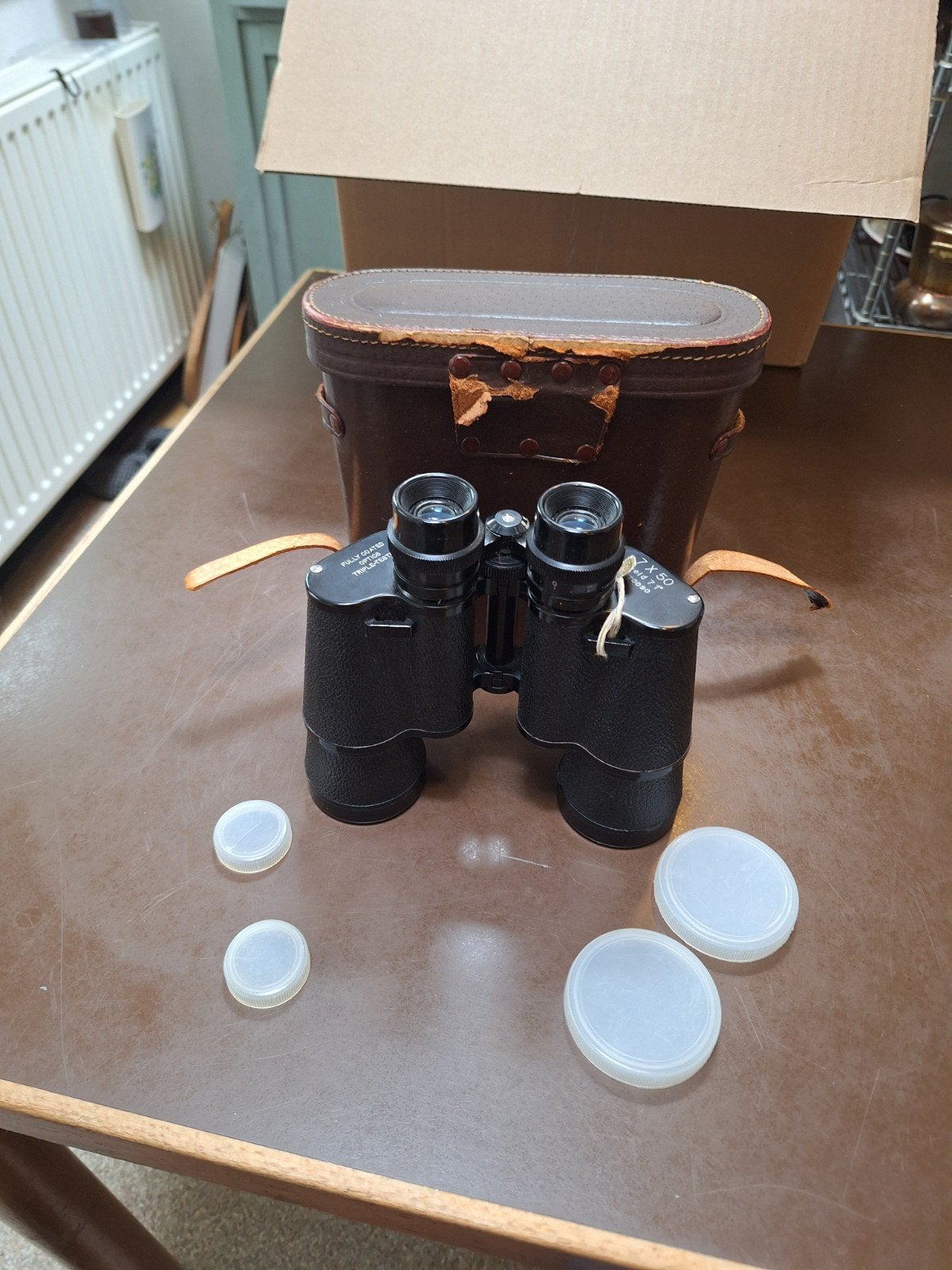 Vintage 7x50 verrekijker met leren tas - Japanse optiek, Gebruikt, Minder dan 8x, Met hoes of tas, Porro (met knik)