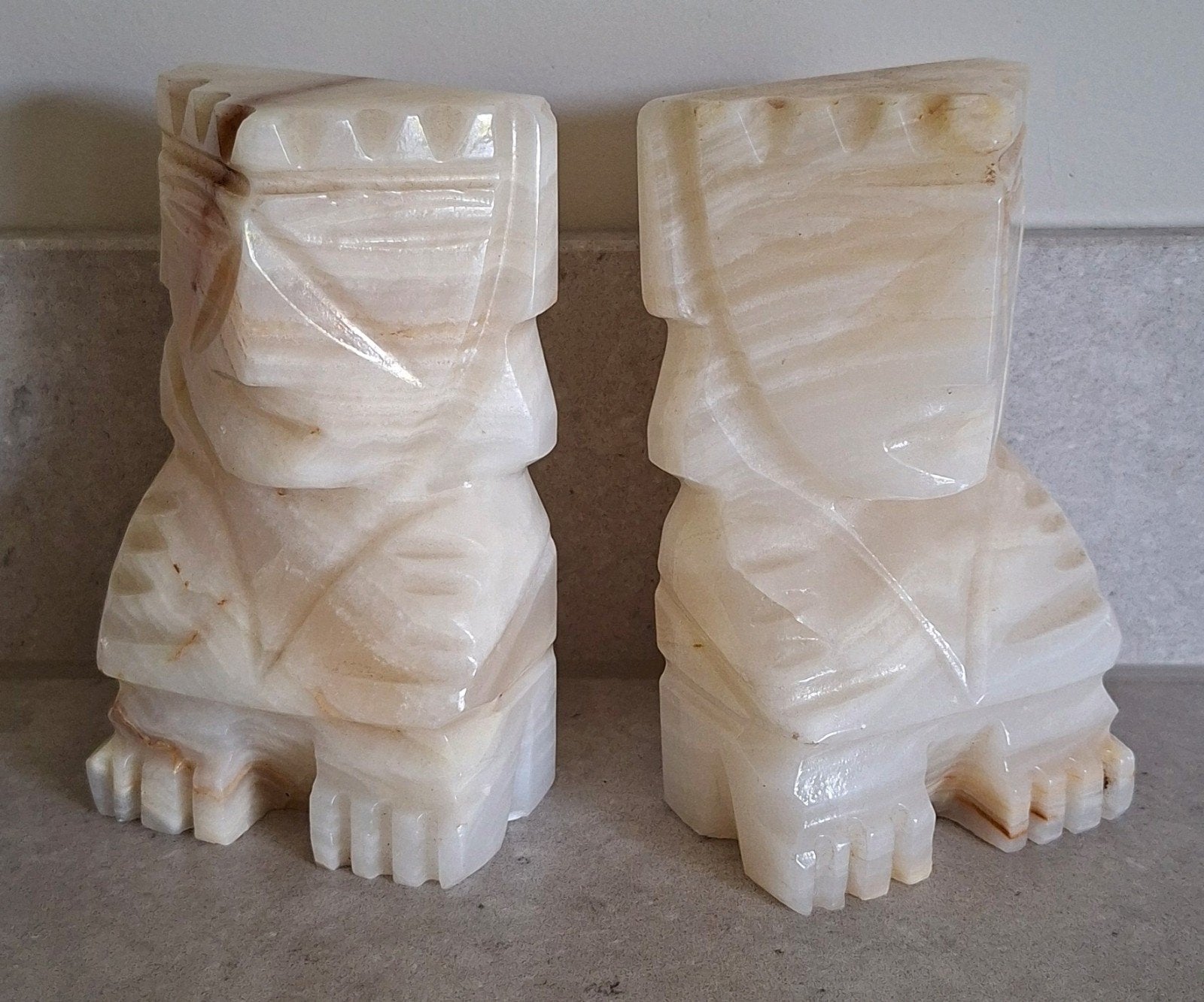 Vintage Onyx Boekensteunen – Mexicaanse Azteekse / Maya Stij, Beige, Boho, Ophalen of Verzenden, Zo goed als nieuw