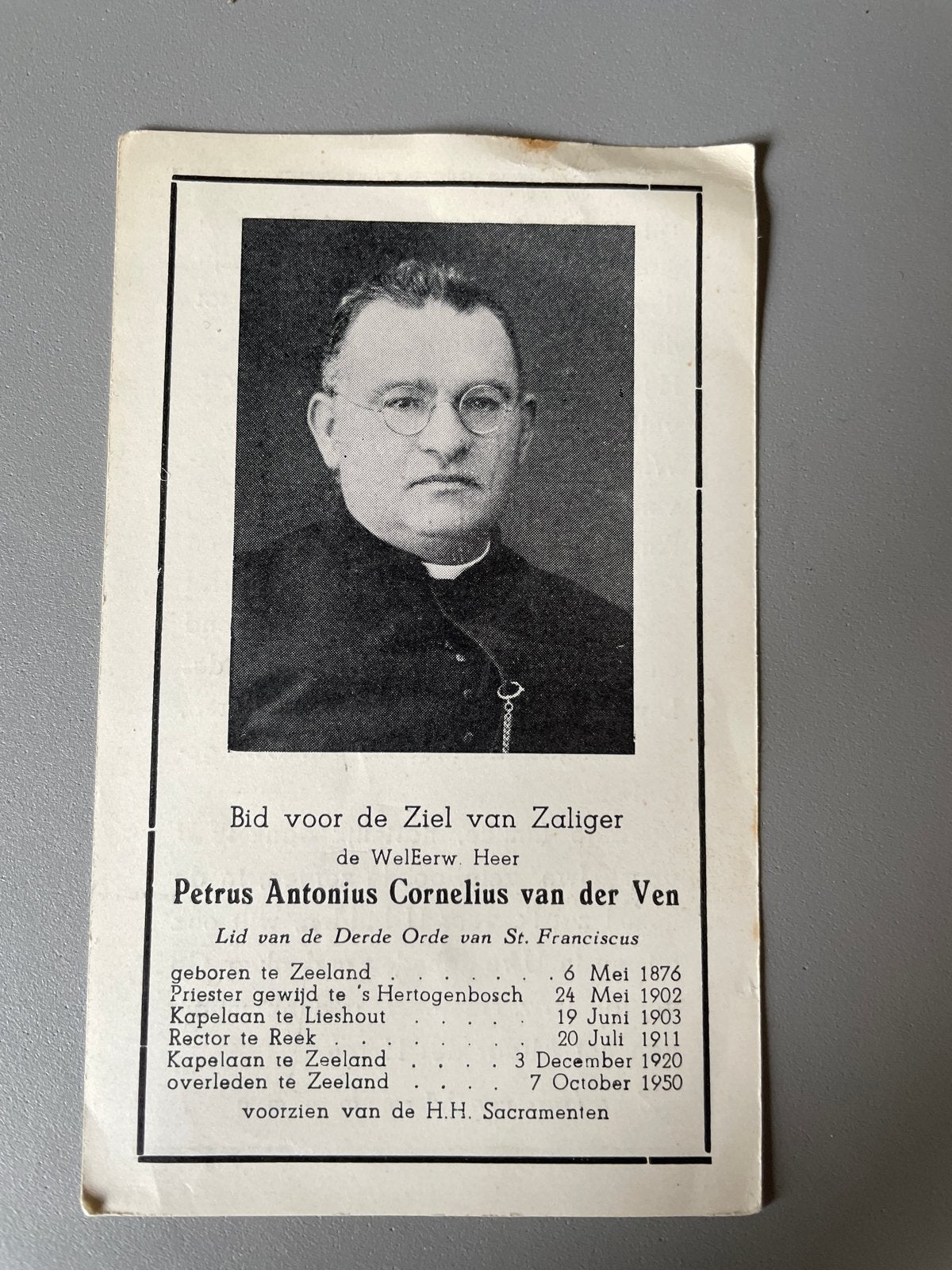 Bidprentje Petrus Antonius Cornelius van der Ven, Ophalen of Verzenden, Gebruikt, Kaart of Prent, Christendom | Katholiek