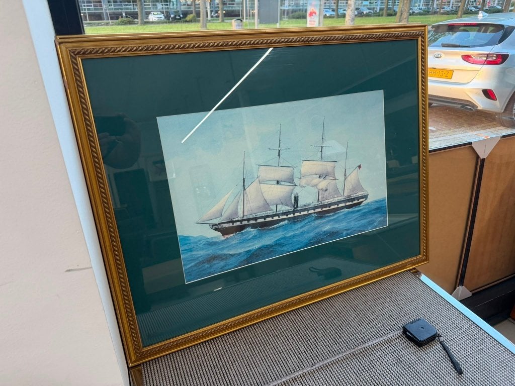 Maritiem schilderij zeilschip in luxe goudkleurige lijst, Ophalen