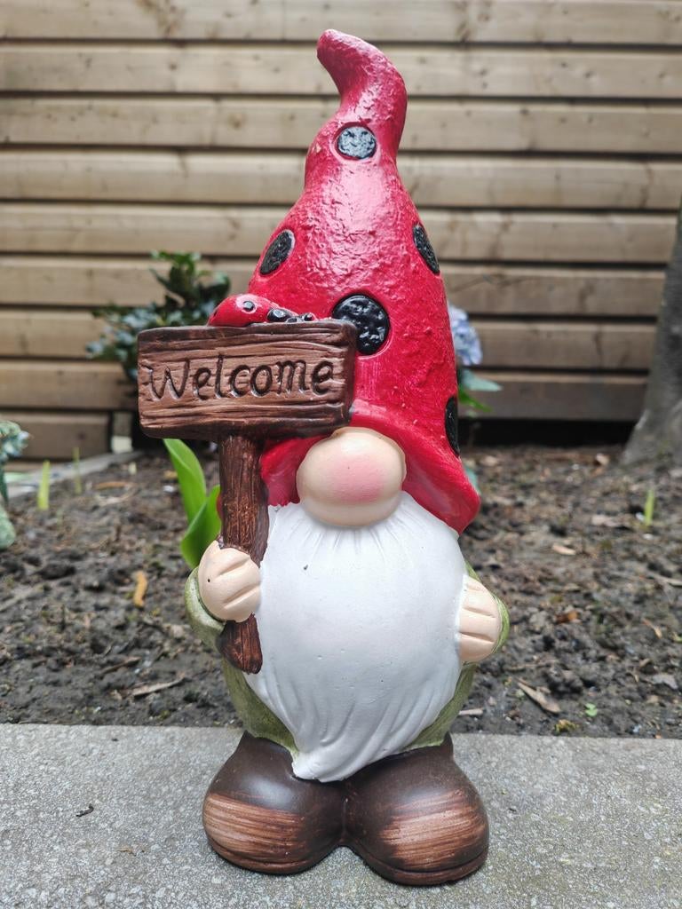 Keramische Tuinkabouter 'Welkom in de tuin' - 30cm, Tuin en Terras, Ophalen, Nieuw, Overige materialen, Tuinkabouter