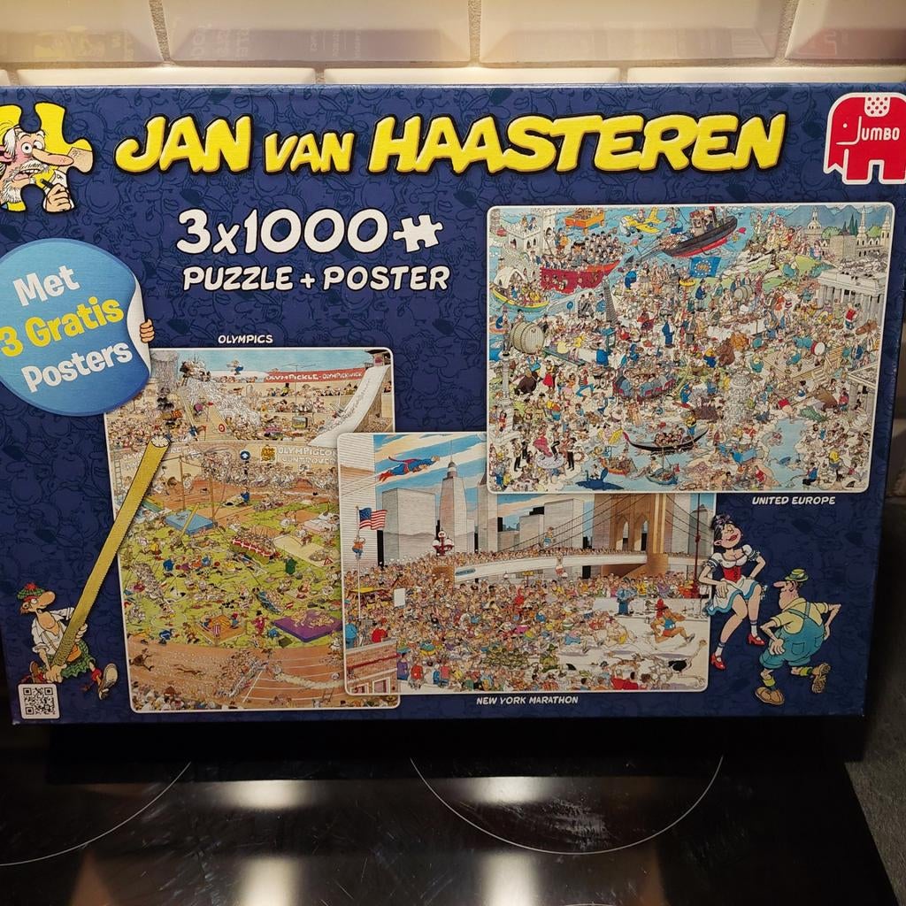 Jan van Haasteren 3x1000+ puzzel met 3 posters, Ophalen, 500 t/m 1500 stukjes, Zo goed als nieuw, Legpuzzel