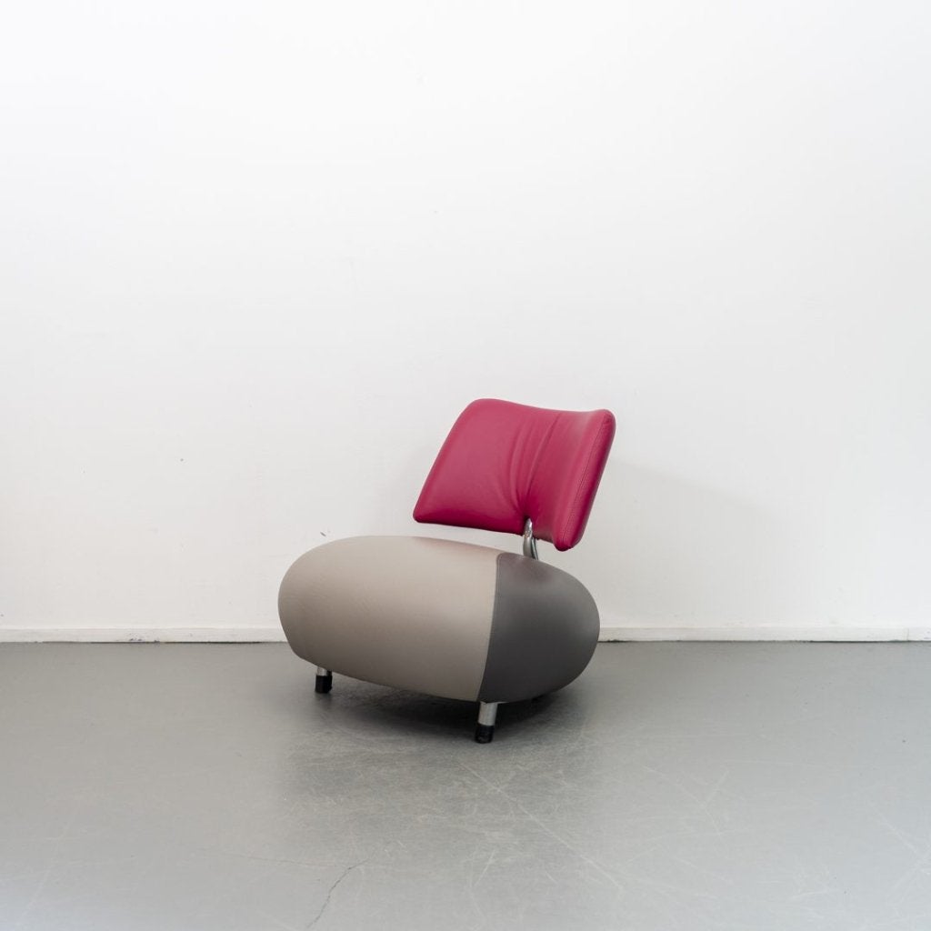 Leolux Pallone Fauteuil Donker/Lichtgrijs/Roze Leer, Niet ingevuld, Niet ingevuld, 75 tot 100 cm, Zo goed als nieuw
