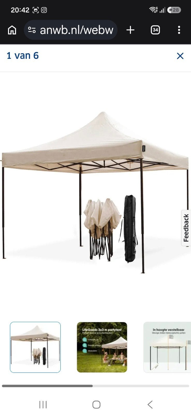 LifeGoods Partytent 3x3m - In Hoogte Verstelbaar, Opvouwbaar, Partytent, Minder dan 4 meter, Nieuw