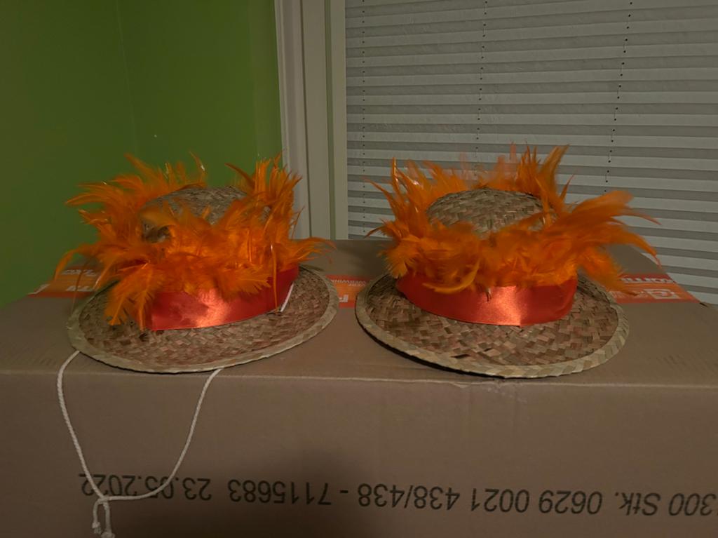 2x stro hoed of hoedje + oranje veren / carnaval loopgroep, Huis en Inrichting, Ophalen of Verzenden, Zo goed als nieuw, Overige materialen