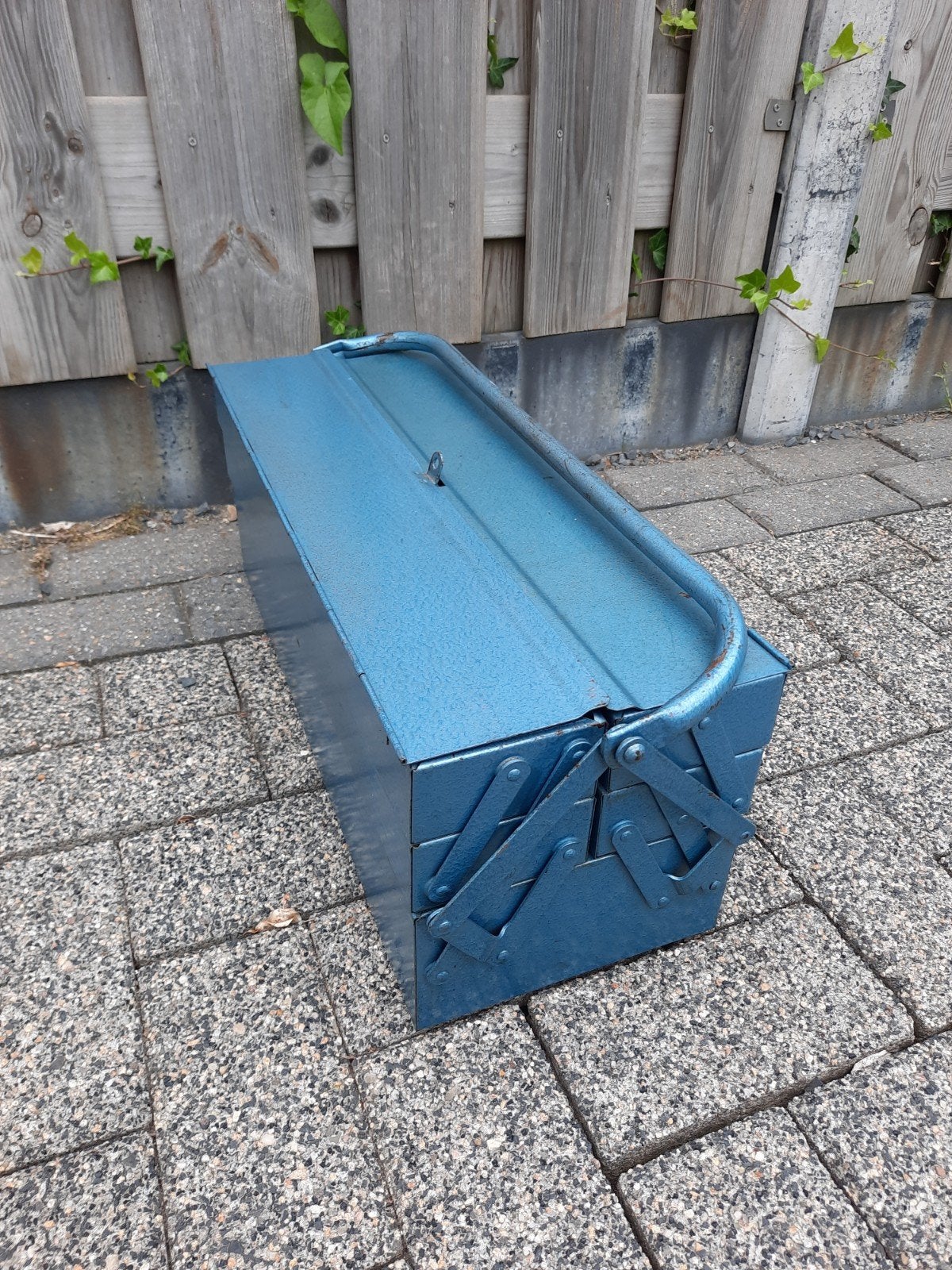 Vintage metalen gereedschapskist - Blauw, Ophalen of Verzenden, Gebruikt