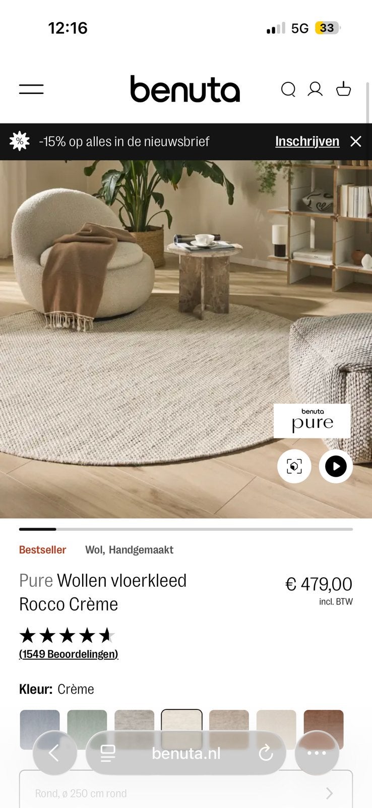 Benuta Pure wollen vloerkleed rond Rocco creme 250cm, Ophalen, Crème, Rond, 200 cm of meer