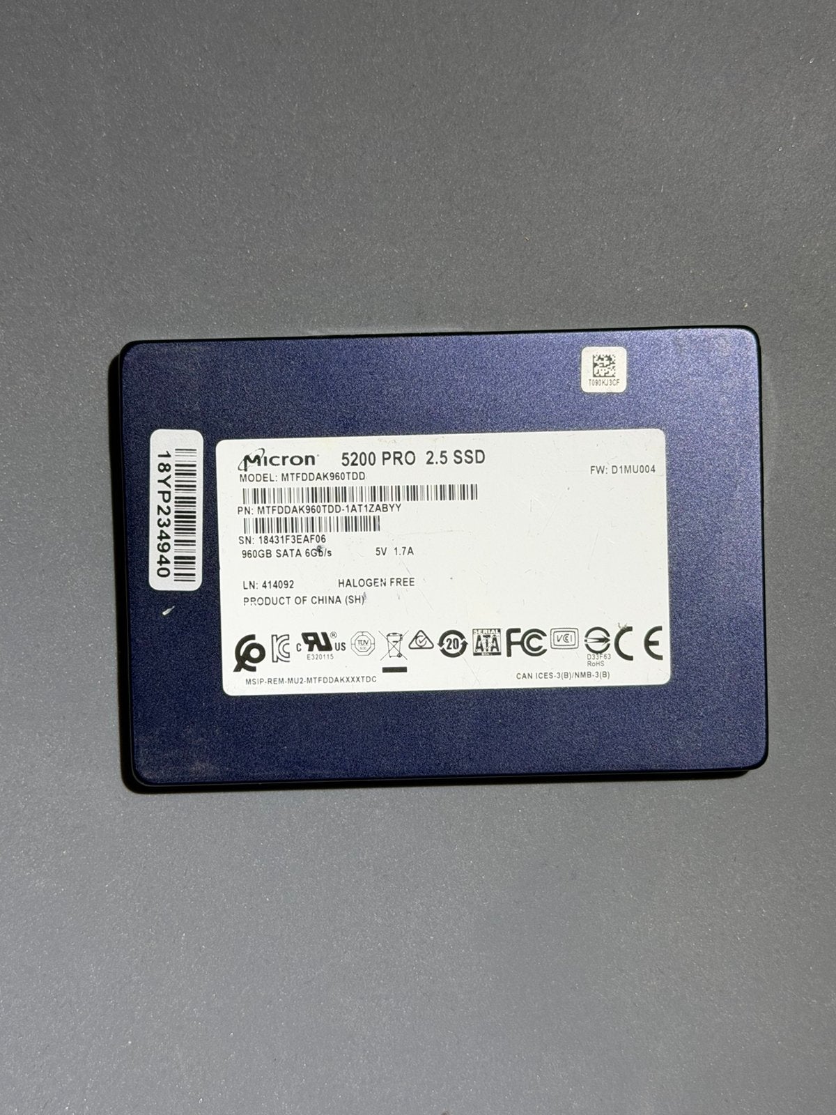 Micron 5200 PRO 960GB SSD - 100% gezondheid, Computers en Software, Ophalen, Intern, Zo goed als nieuw, Desktop