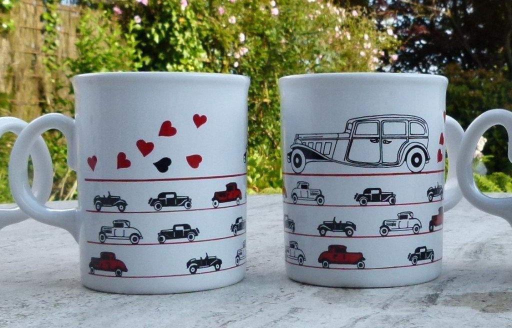 5 x Car Lovers Mokken met Klassieke Auto's Made in England, Ophalen of Verzenden, Nieuw, Aardewerk, Kop(pen) en/of Schotel(s)