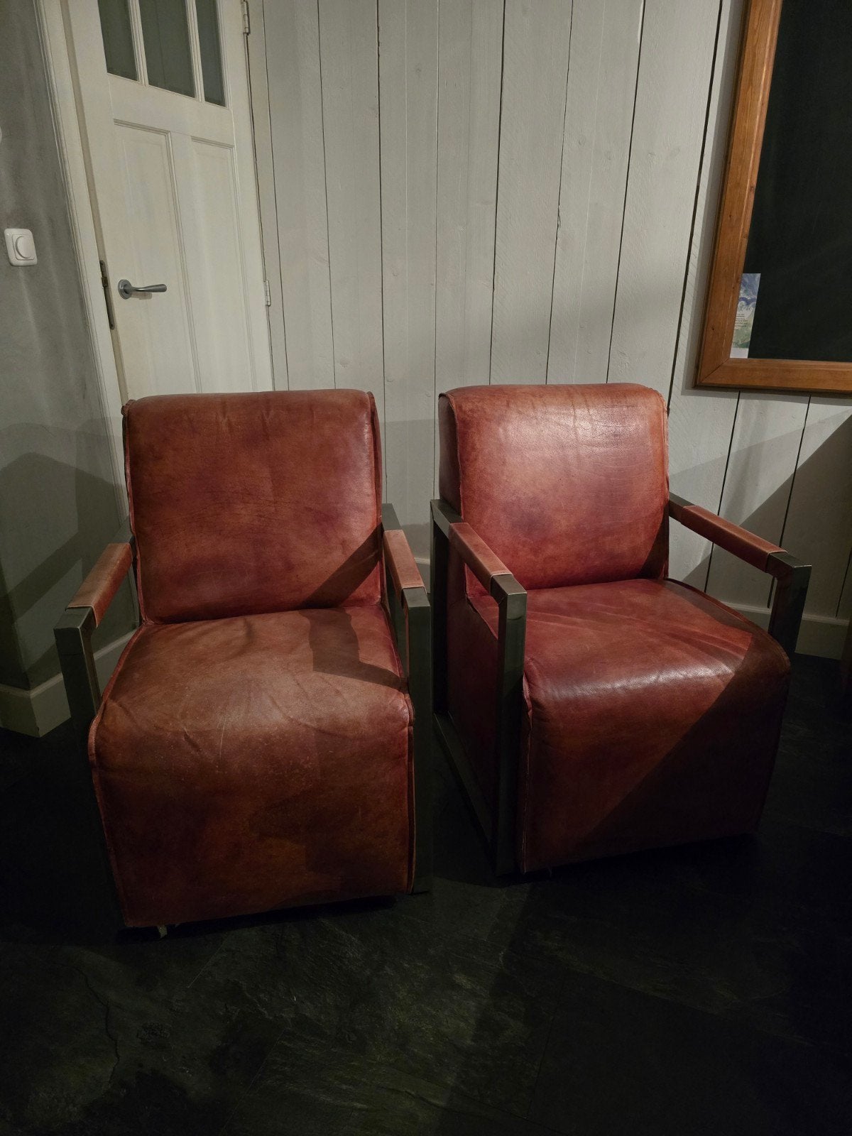 2 grote leren fauteuils op wielen. Schapenleer, Gebruikt, Minder dan 75 cm, Leer, Ophalen of Verzenden