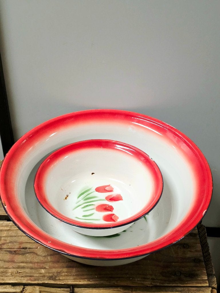 9668:Vintage Chinese Enamelware Bowls Set of 2, Gebruikt, Overige typen, Ophalen of Verzenden, Overige stijlen