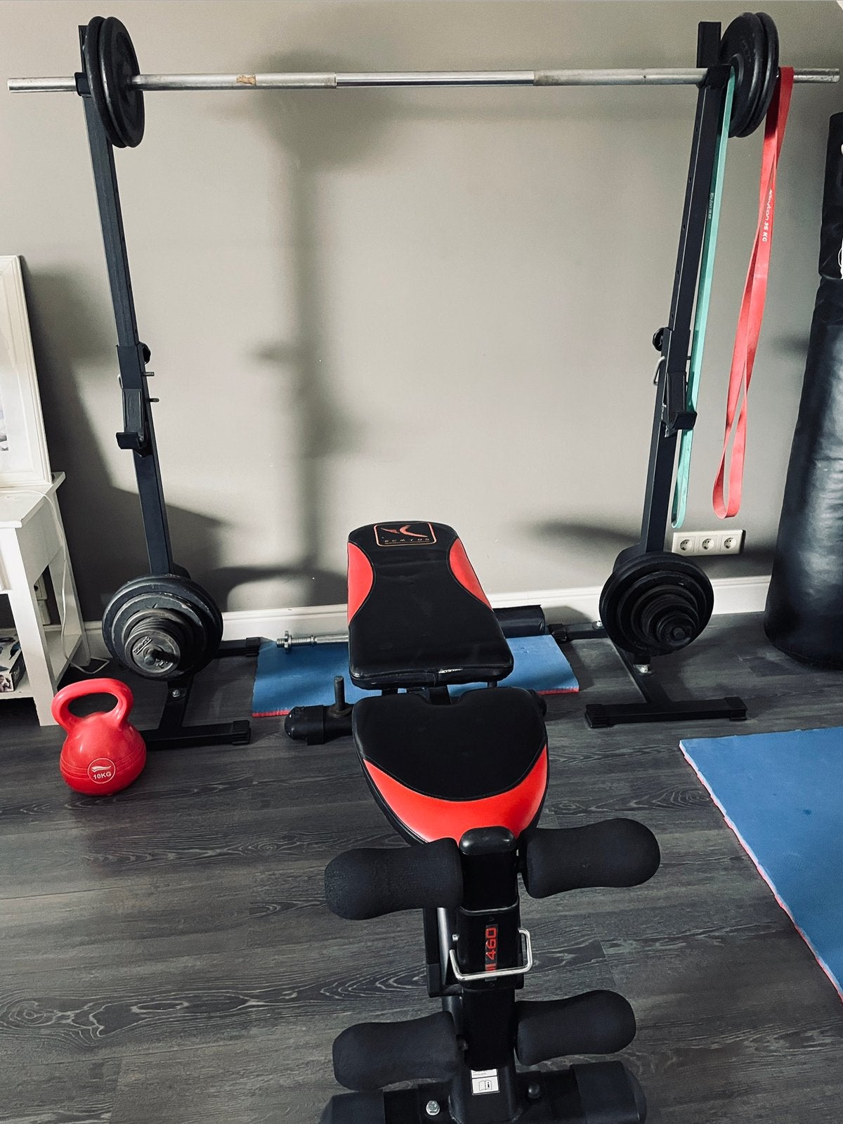 Fitnessbank + Bench Press Rek + 83 kg Gewichten, Ophalen, Gebruikt, Fitnessbank