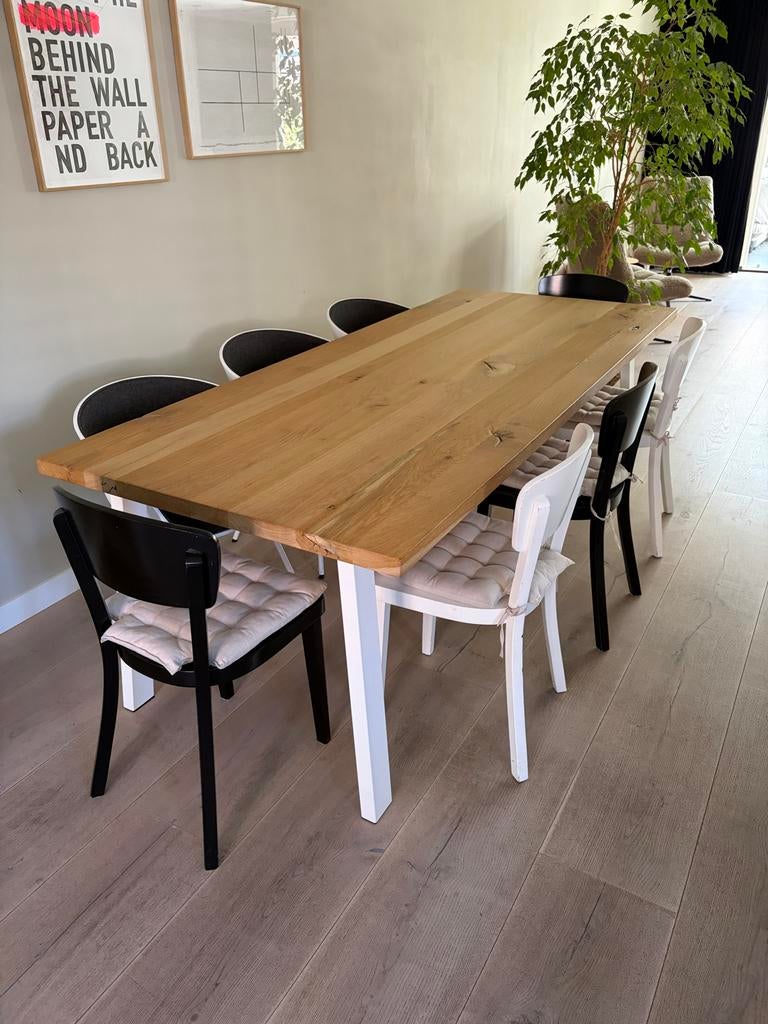 Eiken eettafel 240x100cm met wit metalen onderstel, Huis en Inrichting, Tafels | Eettafels, Ophalen, Gebruikt, Eikenhout, 200 cm of meer