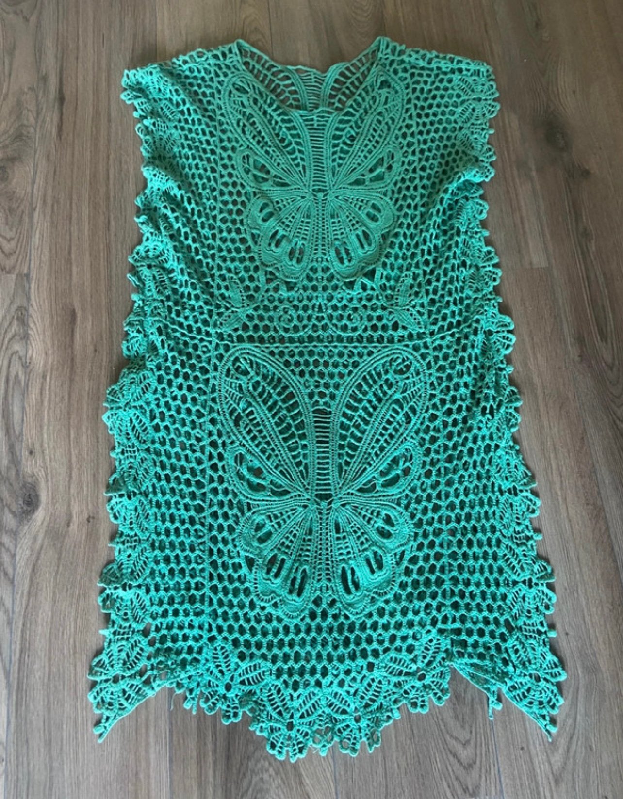 Groene gehaakte strandjurk maat L, Maat 42/44 (L), Ophalen of Verzenden, Zo goed als nieuw, Onder de knie