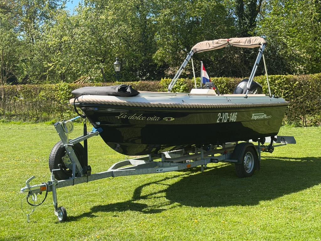 Topcraft 484G sloep Mercury 25 pk + trailer perfecte staat, Watersport en Boten, Sloepen, Ophalen, 10 tot 30 pk, Zo goed als nieuw