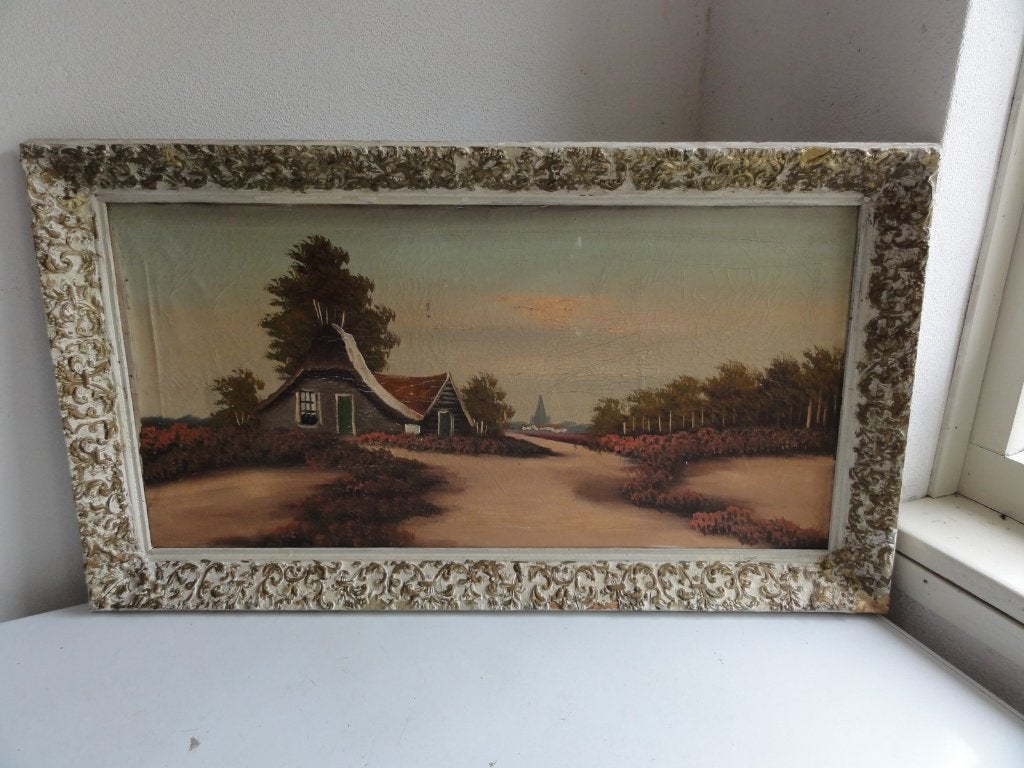 Schilderij, oud Drents heidelandschap antiek met lijst, Ophalen of Verzenden