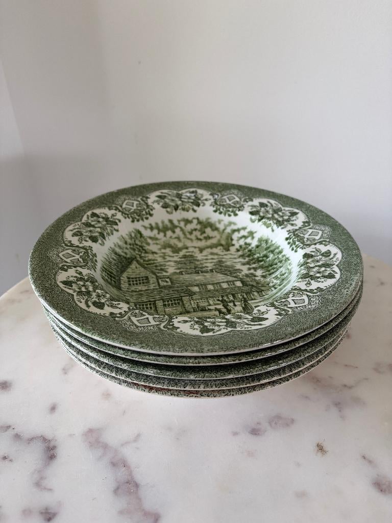 Vintage Engelse borden Old Inns Series groen print set van 5, Antiek en Kunst, Ophalen of Verzenden