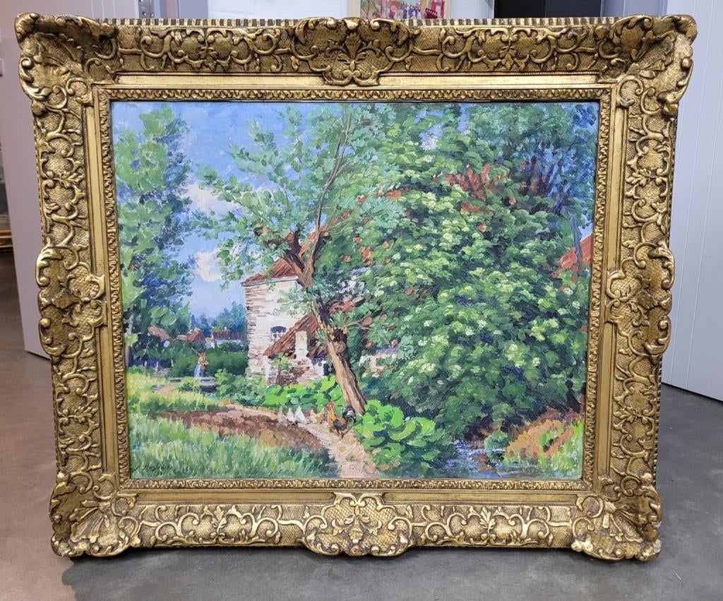 Alfred HAZLEDINE, boerin en kippen bij de hoeve, Antiek en Kunst, Kunst | Schilderijen | Klassiek, Ophalen