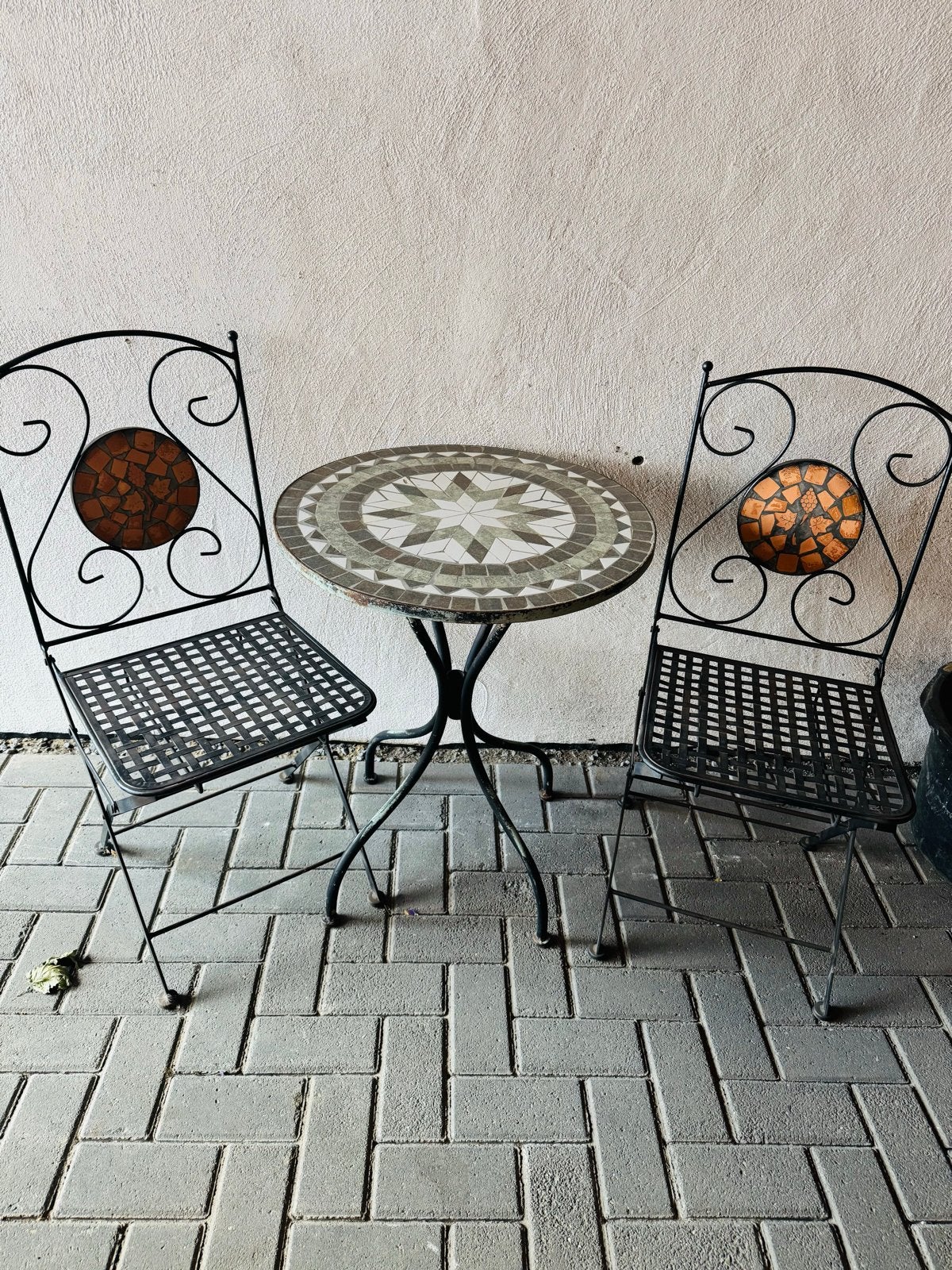 Bistro tuinset met mozaïek tafel en stoelen, Overige materialen, Gebruikt, Eettafel, Tuinset