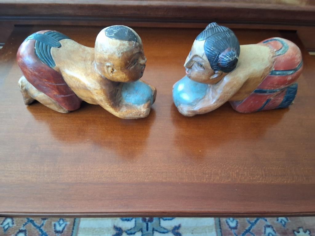 Vintage Chinees Opium Baby Kussen Houtsnijwerk Geisha Karako, Antiek en Kunst, Minder dan 20 cm, Handgemaakt, Ophalen of Verzenden