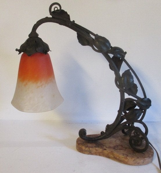 art deco smeedijzeren lamp op marmer met Schneider kap, Ophalen of Verzenden