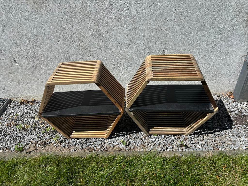 Twee hexagon teak wandkastjes - stijlvol en uniek, Ophalen