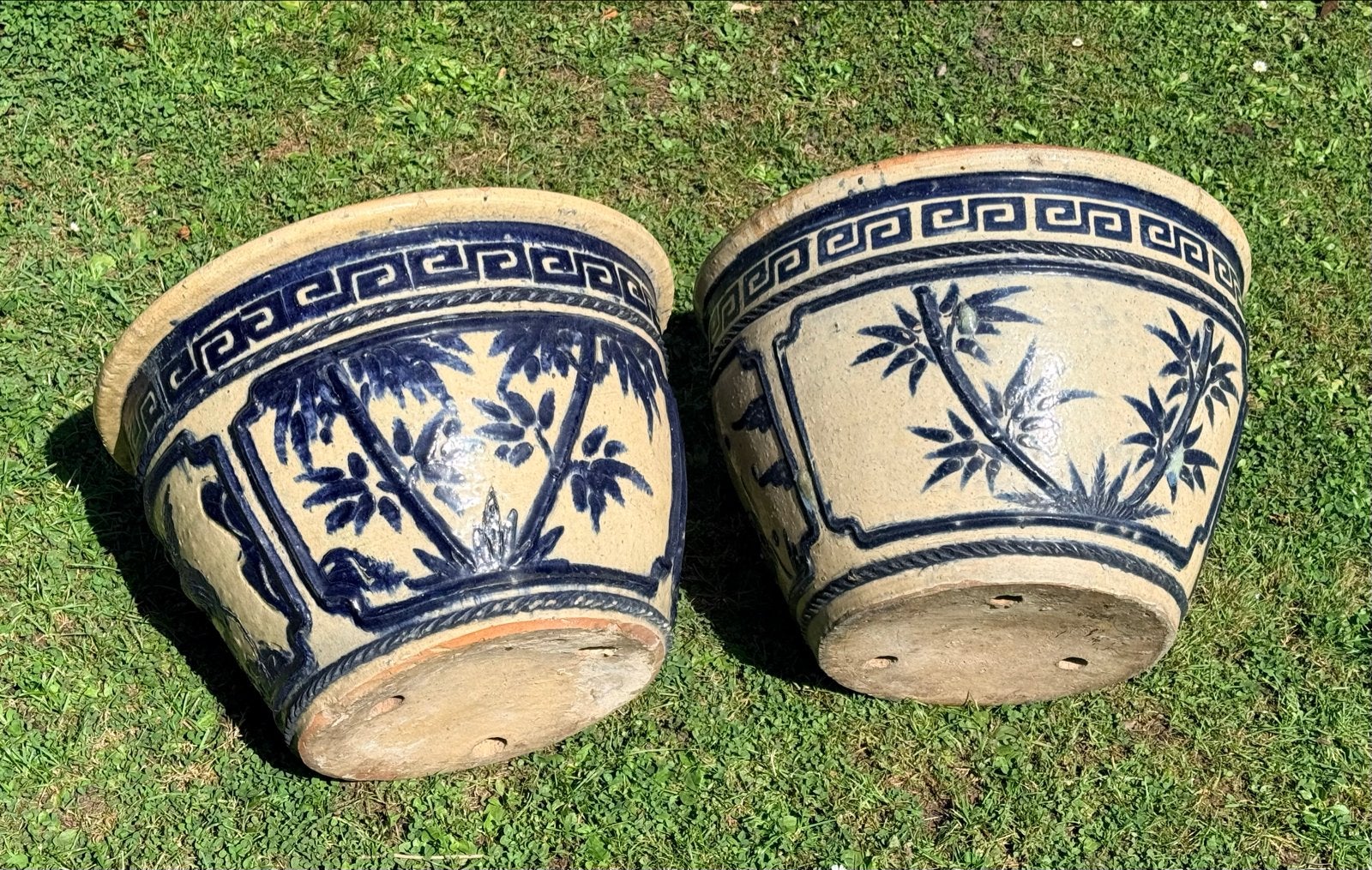 Set van 2 Chinese blauw-witte aardewerk plantenbakken, Tuin en Terras, Bloempotten, Gebruikt, Rond, Minder dan 40 cm, Tuin