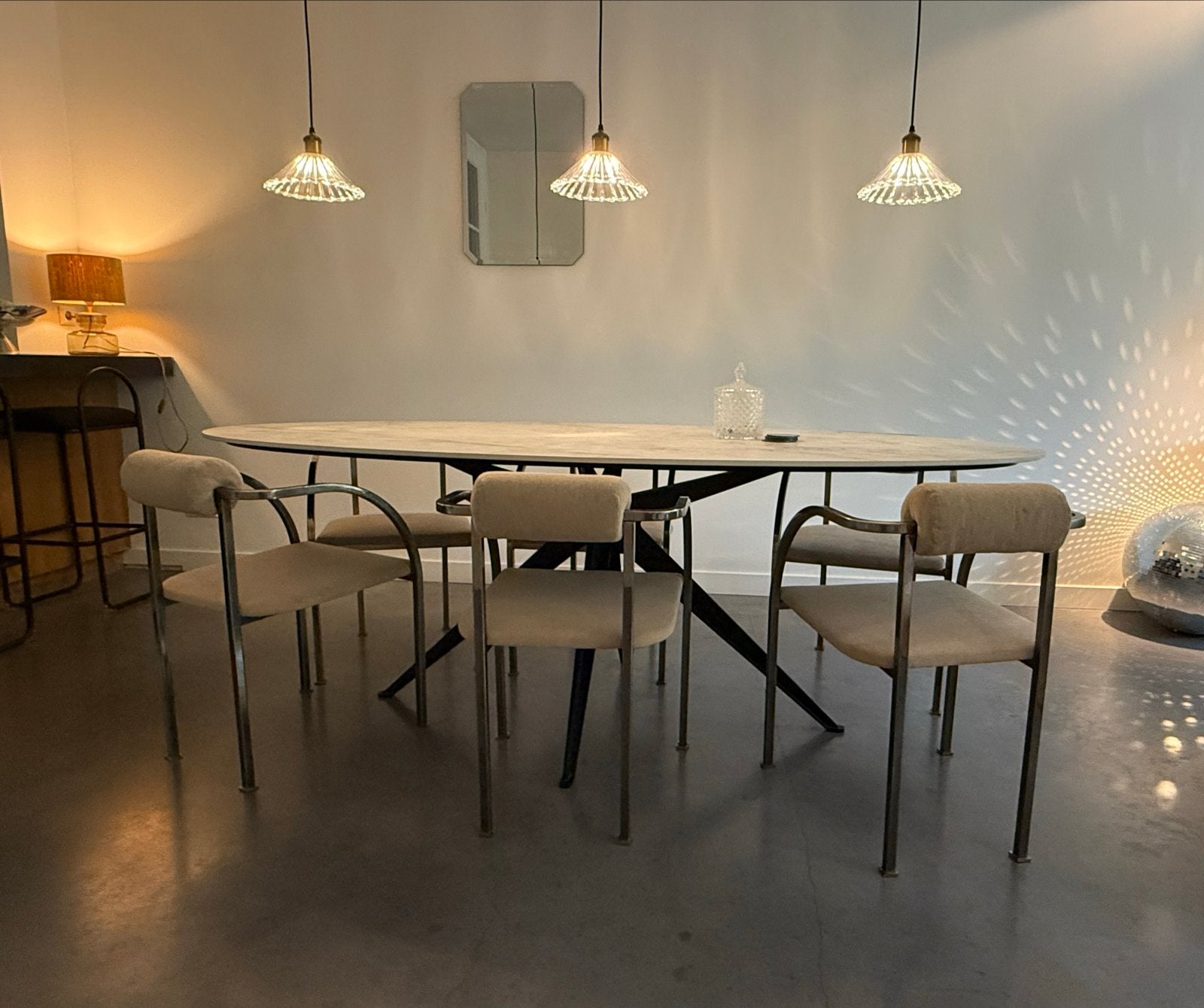 Set van 4 vintage eetkamerstoelen - beige stof en metaal, Ophalen, Gebruikt, Overige kleuren, Vier