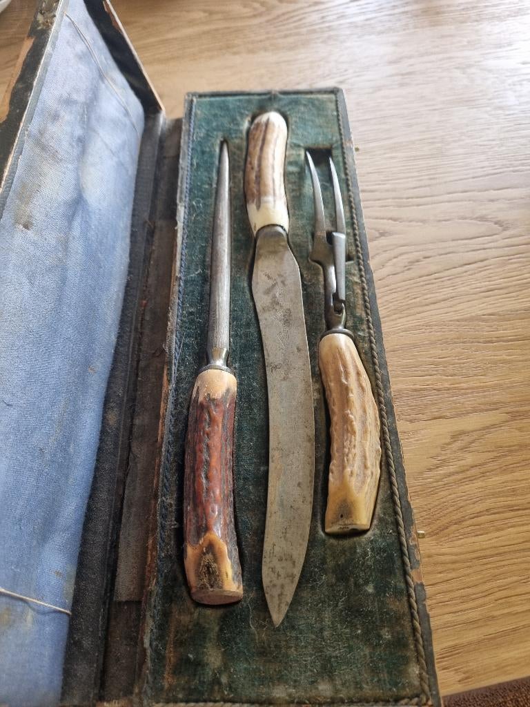 Brocante 3 delige trancheerset met hertshoornen heften, Ophalen of Verzenden