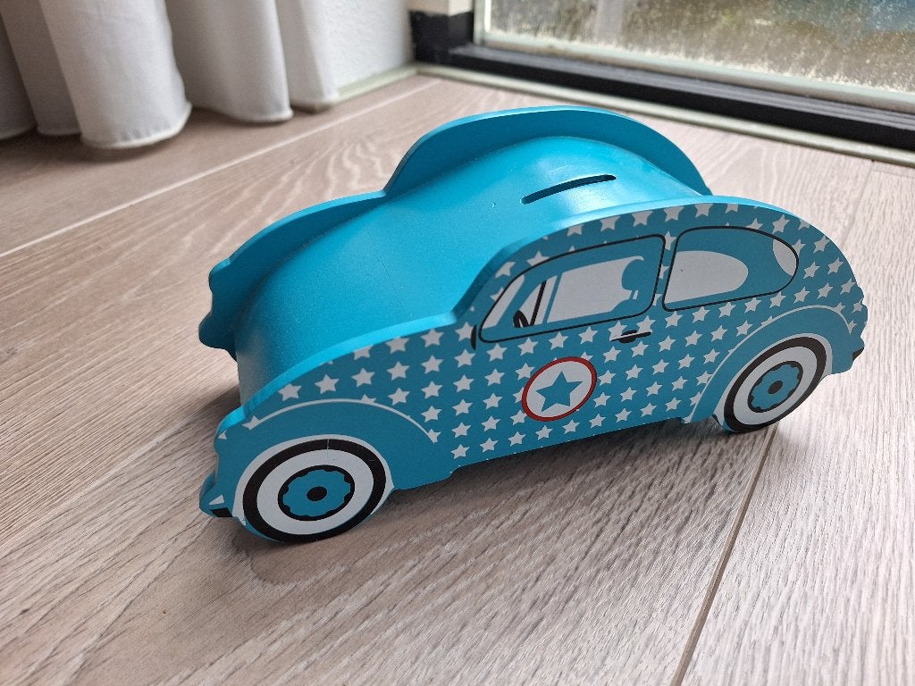 Houten spaarpot blauwe auto, Ophalen of Verzenden, Gebruikt, Hout, Vervoermiddel