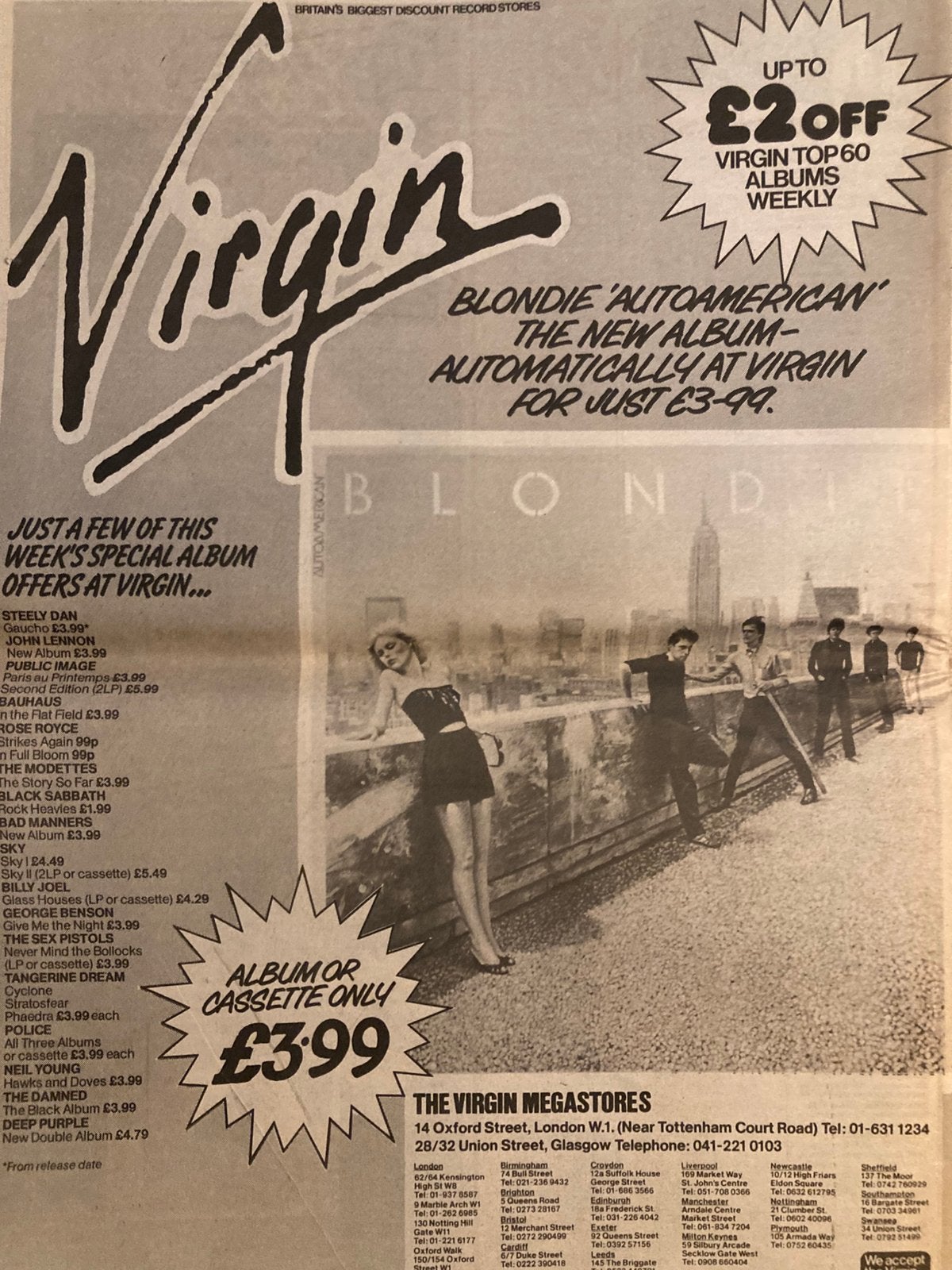 Paginagrote A3 advertentie BLONDIE Autoamerican release, Ophalen of Verzenden