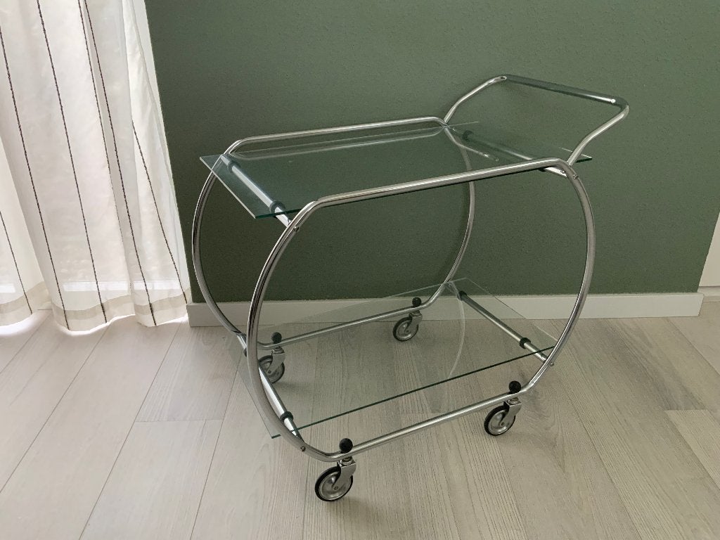 Art Deco Serveerwagen Chroom met Glas, Overige materialen, Gebruikt, 75 cm of meer, Rechthoekig