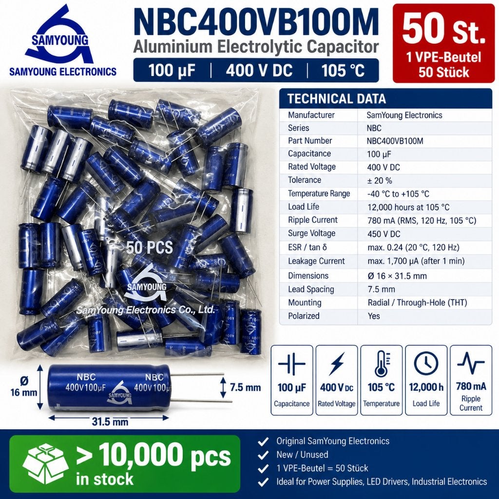 50x SamYoung NBC 100µF 400V Elco 105C – Nieuw – 1 VPE, Ophalen of Verzenden, Nieuw