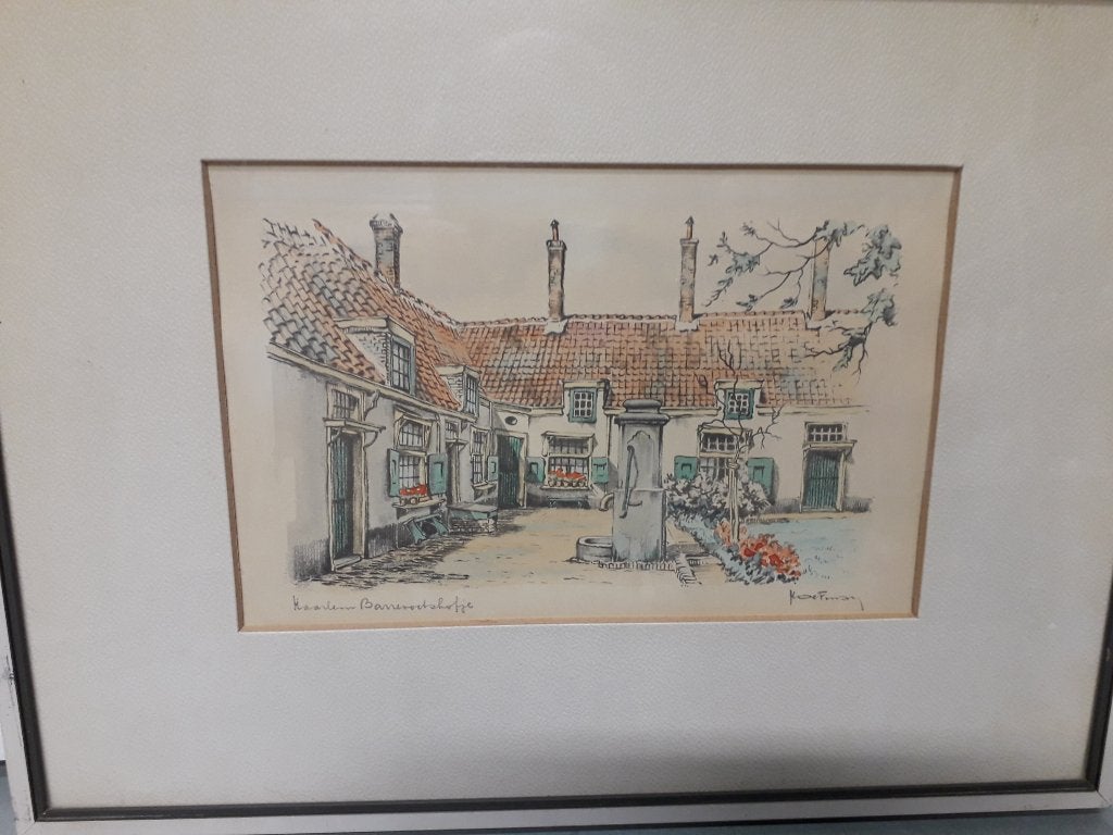ANTIEKE GESINEERDE LITHO van BARREVOETSHOFJE in HAARLEM, Ophalen of Verzenden