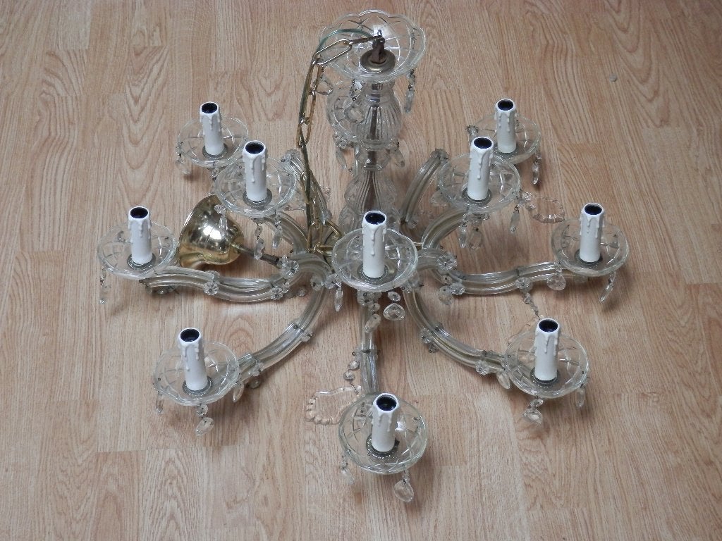 Antieke kristallen 8-armige kroonluchter, afm. 70 x 50 cm., Ophalen, Gebruikt, Glas, E14 (klein)