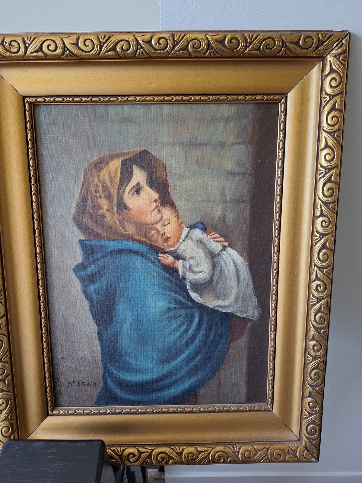 Klassiek schilderij: Moeder en kind, gesigneerd K. Staels, Ophalen of Verzenden