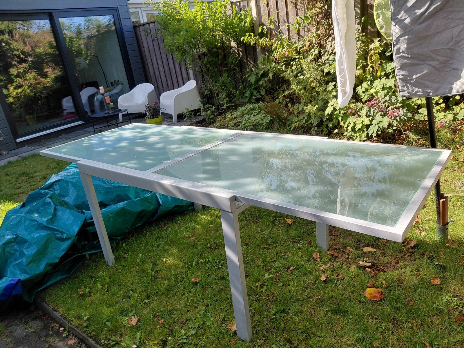 Grijze metalen Eettafel met mat-glazen bladen; 240x90, Ophalen, Gebruikt, 200 cm of meer, 50 tot 100 cm