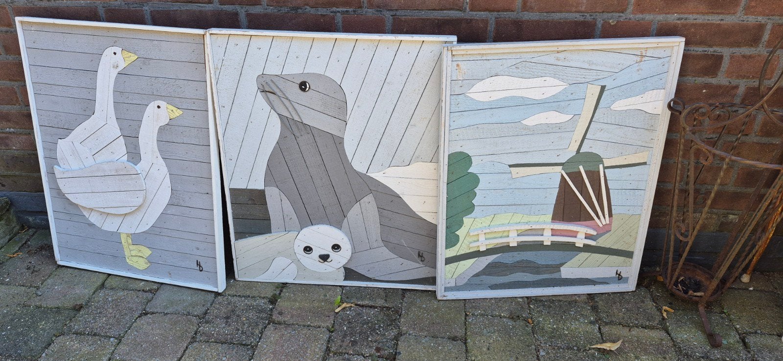 3x Houten Schilderijen 47x62 cm - Zeehond, Ganzen, Molen, Ophalen of Verzenden