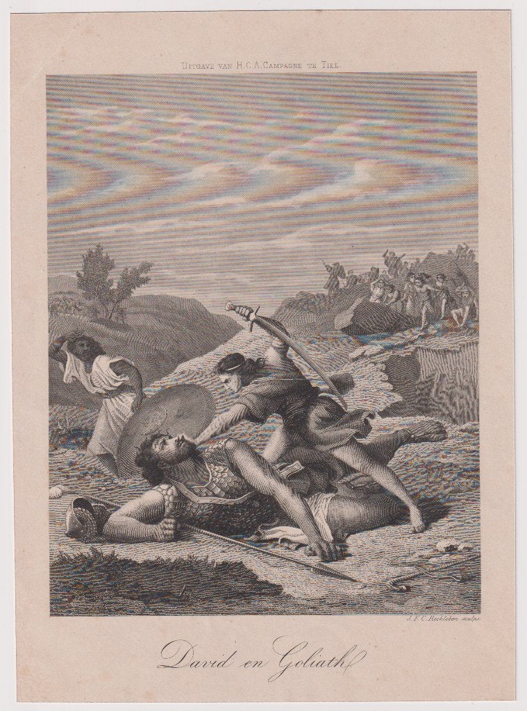 Kopergravure van Reckleben - David en Goliath, Ophalen of Verzenden