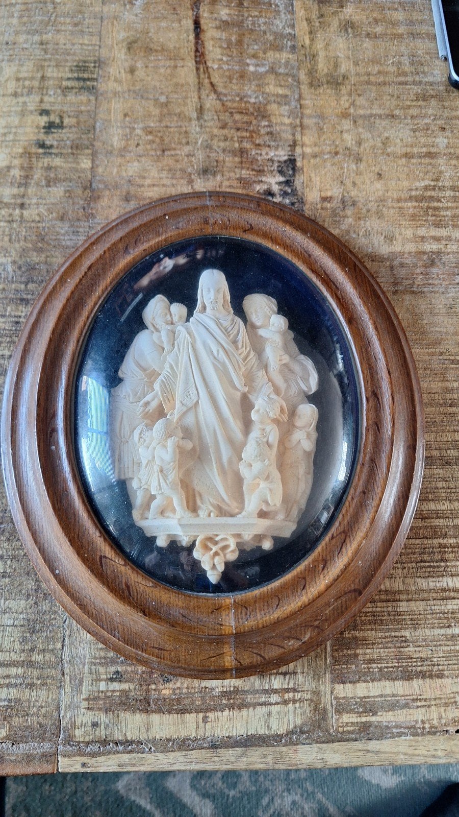 bijzondere religieuze meerschuim in bol glazen lijst, Antiek en Kunst, Ophalen of Verzenden
