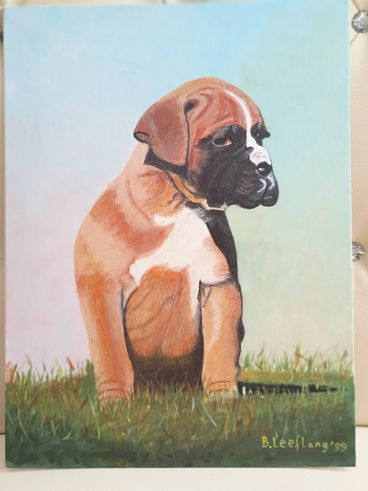 Prachtig Vintage Olieverfschilderij Boxer Pups/Hond (1999), Ophalen of Verzenden, Gesigneerd, Dieren, Overige ondergronden