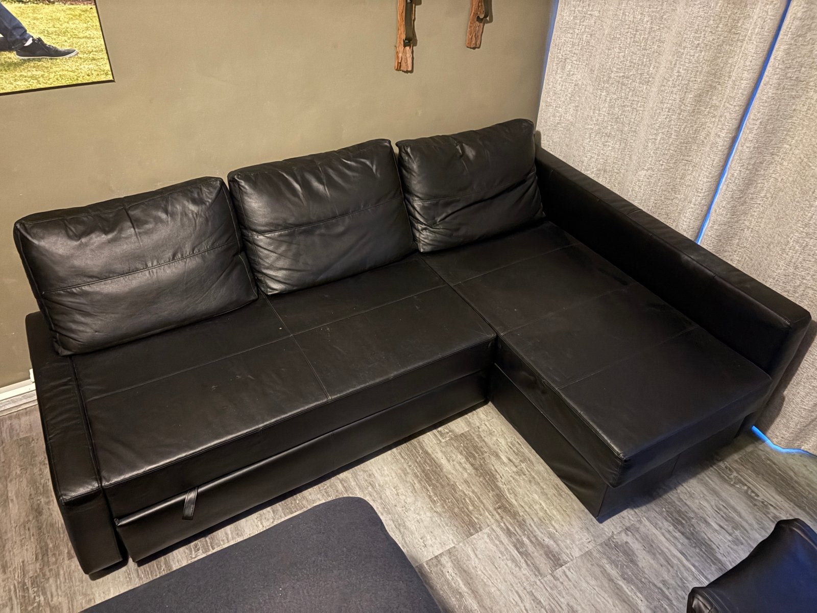 Ikea Hoekbank, leder + slaapdeel uittrekbaar, Gebruikt, 125 tot 150 cm, Hoekbank, Driepersoons