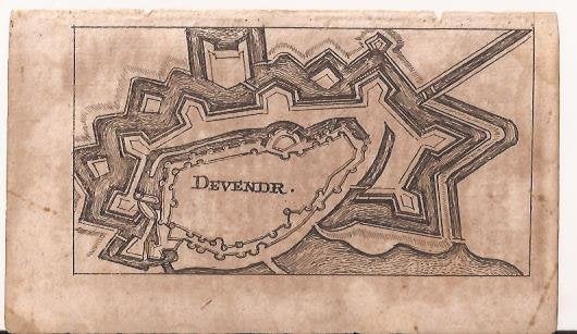 Deventer 'Devendr' Plategrond/Vestingkaartje. Riegel 1691, 6 cm, Cartografie, Gravure, 10 cm