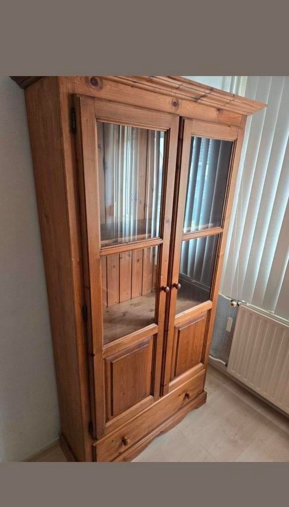 Grenenhouten Vitrinekast met Glazen Deuren, Huis en Inrichting, Gebruikt, Met deur(en), Landelijk, 150 tot 200 cm