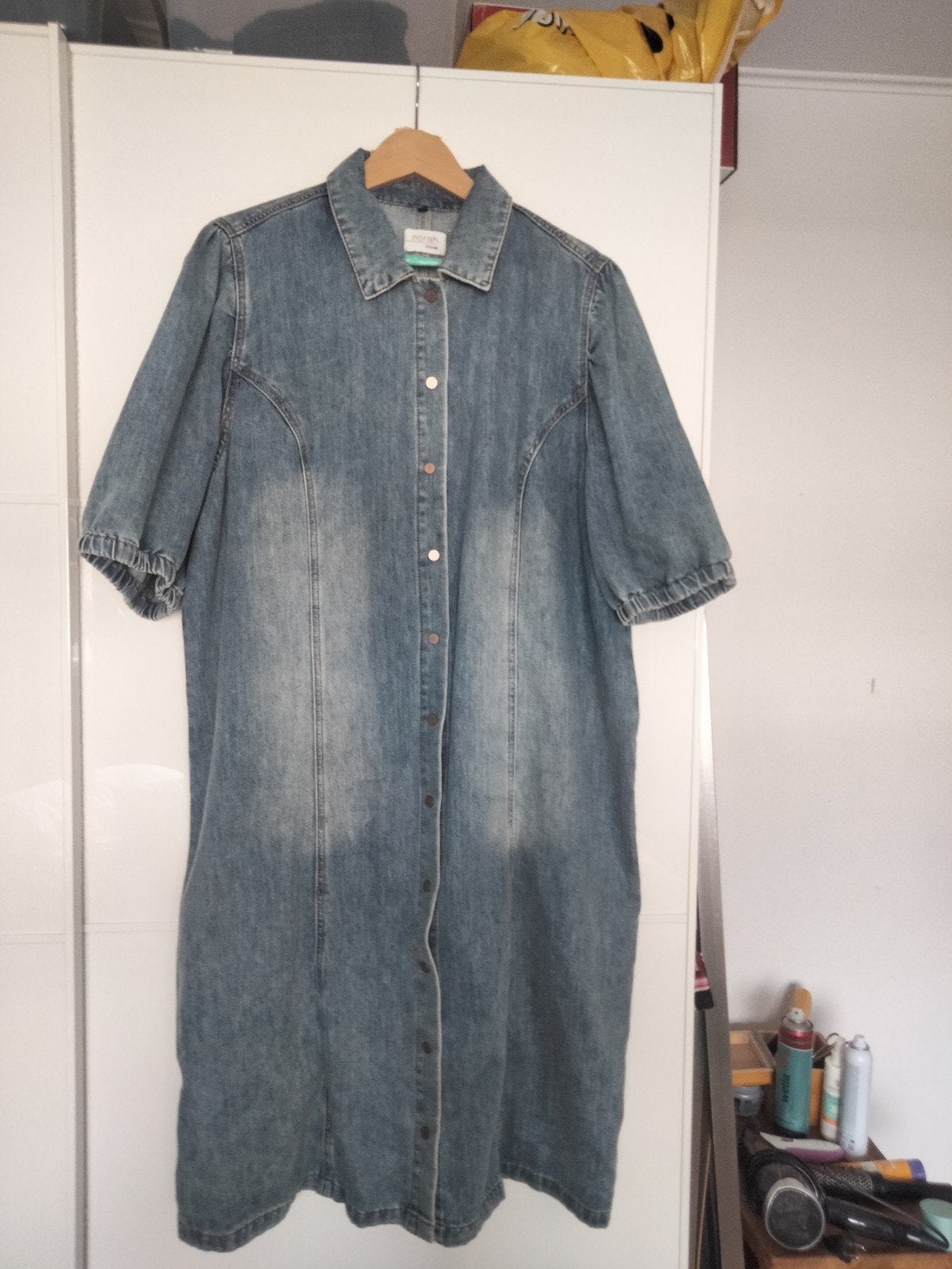 Denim lange jas, maar 48, Norah, Ophalen of Verzenden, Zo goed als nieuw, Maat 46/48 (XL) of groter, Blauw