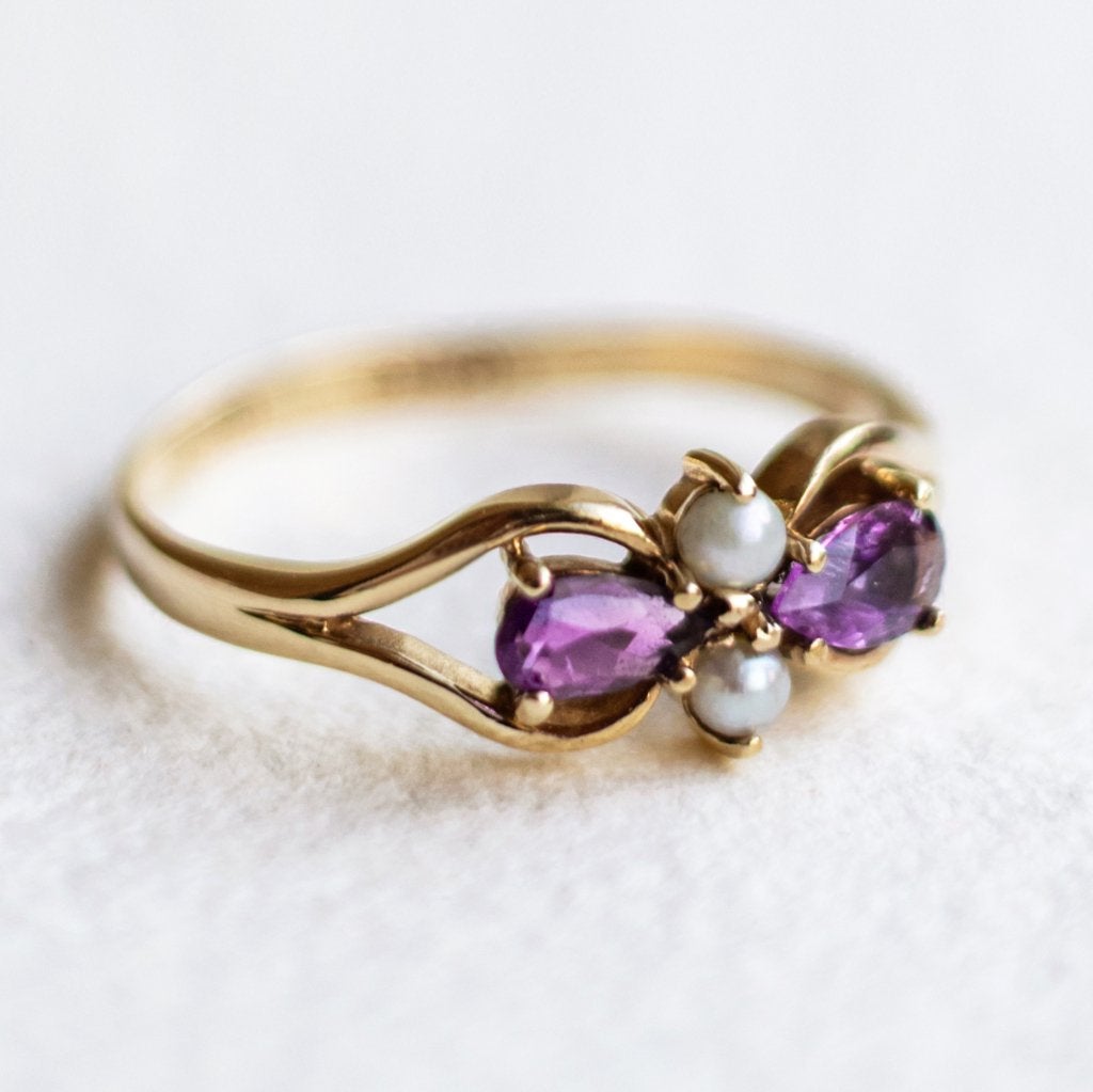 Vintage 9K gouden dress ring met Amethist & Parel - 17,75, Ophalen of Verzenden, Zo goed als nieuw, 17 tot 18, Met edelsteen