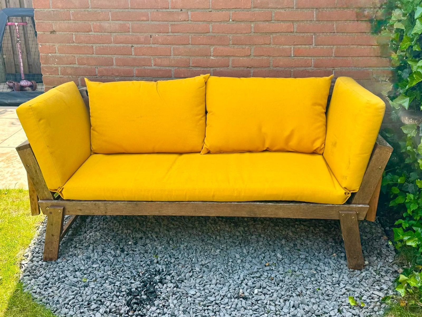 Lanterfant tuinbank met gele kussens, verstelbaar, Tuin en Terras, Ophalen, Gebruikt, Hout