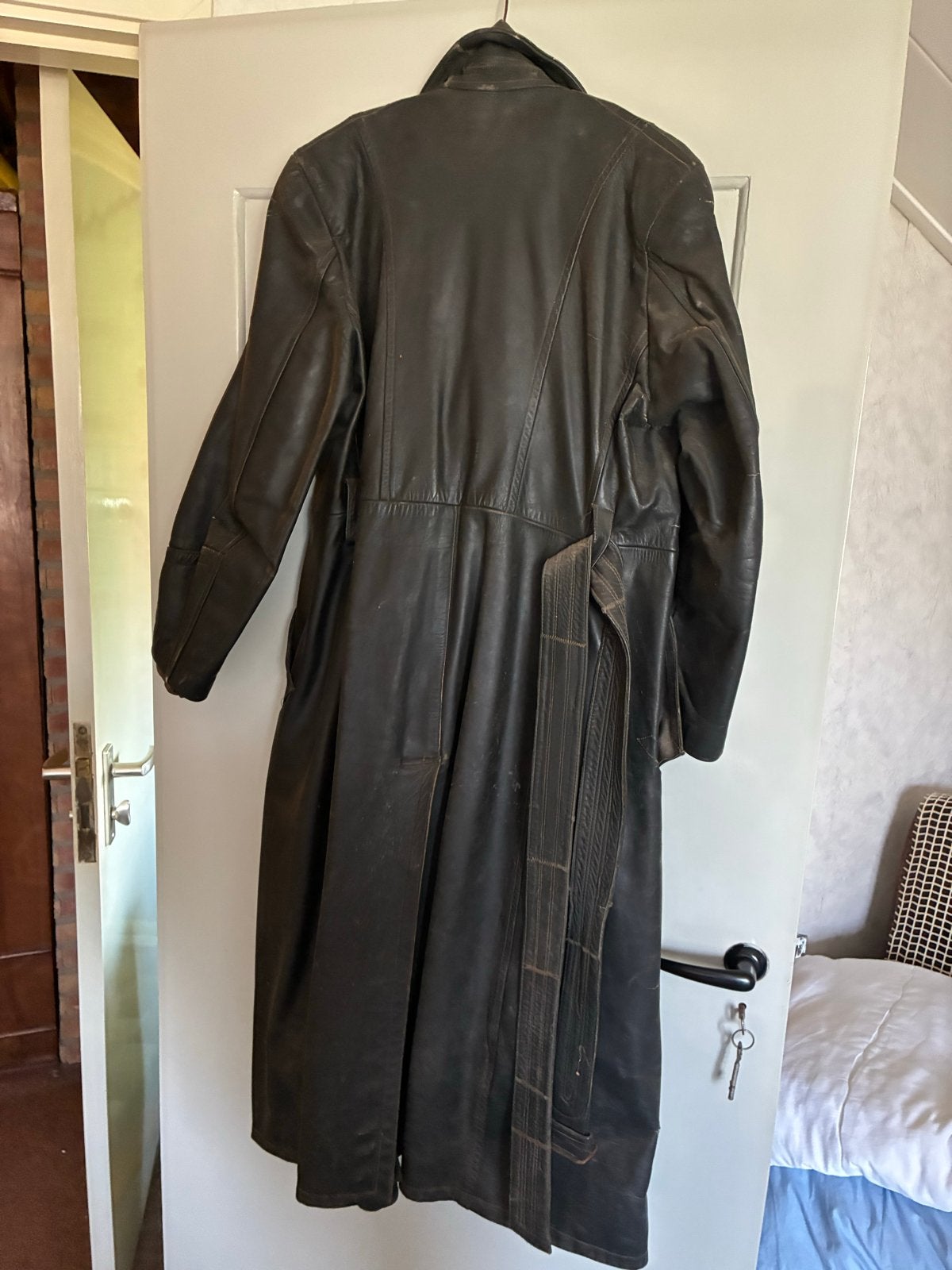 Vintage Leren Trenchcoat - Zwart, Maat L, Ophalen of Verzenden, Gedragen, Maat 52/54 (L), Zwart